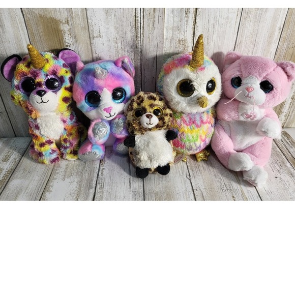 Beanie Boo Plush Unicorn Owl Leopard Kitty Cat Bundle, Stuffed Animals Set of 5 - Picture 4 of 5